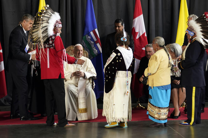 Pope Francis is welcomed by First Nations leaders in Edmonton, Canada, July 24, 2022.