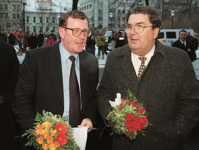 The 1998 Nobel Peace Prize winners John Hume, right, and David Trimble at the Grand Hotel in Oslo, Dec. 9, 1998.
