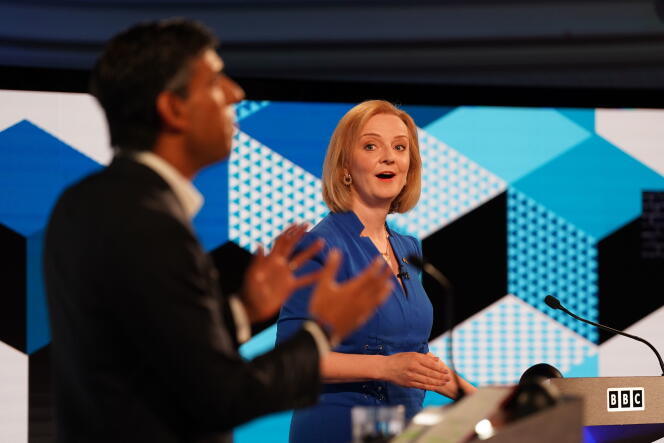 Liz Truss and Rishi Sunak at their first BBC debate in Stoke-on-Trent, England, on July 25, 2022.
