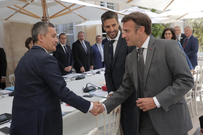 Emmanuel Macron and Interior Minister Gérald Darmanin at the meeting on the Olympics at the Elysée Palace on Monday, July 25.