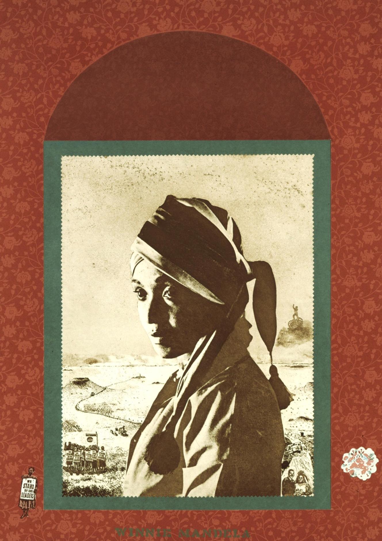 « Winnie Mandela », de Sue Williamson, 1983, photogravure, collage sérigraphique, 100 x 70 cm.