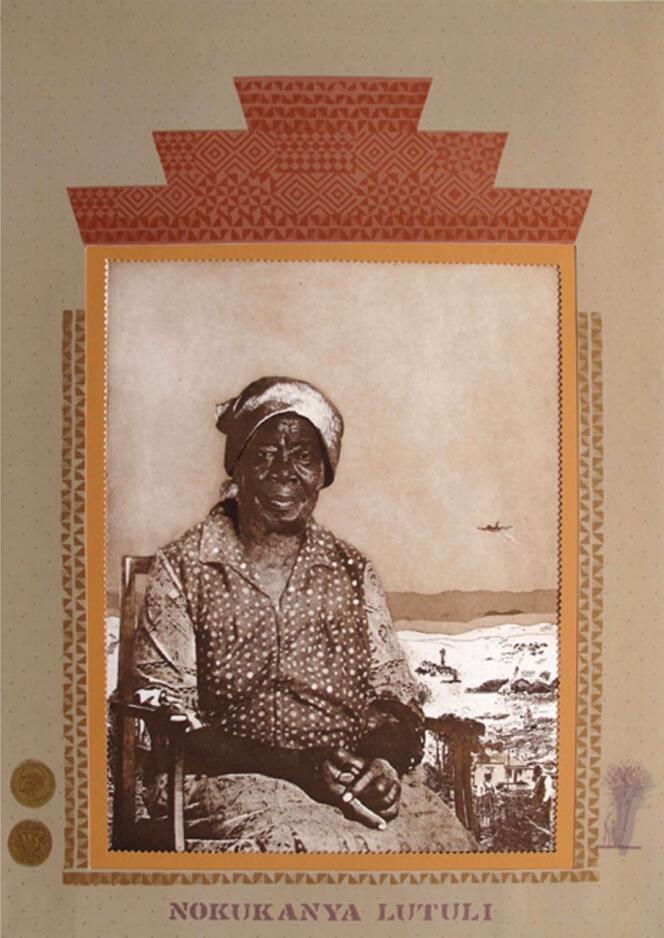 « Nokukanya Lutuli », de Sue Williamson, 1983, photogravure, collage sérigraphique, 100 x 70 cm.
