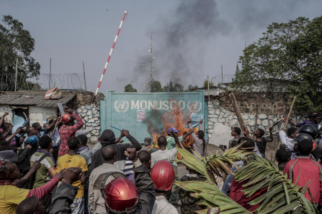 Congolese people demonstrate in front of the Monusco headquarters in Goma on July 25, 2022.