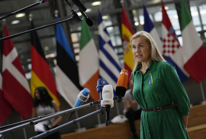 European Commissioner for Energy Kadri Simson speaks as she arrives for an emergency meeting of EU energy ministers in Brussels on Tuesday, July 26, 2022. 