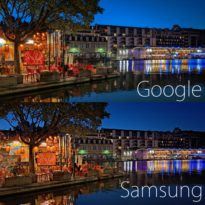 Nocą, w dobrych warunkach oświetleniowych, tak jak tutaj, Samsung często działa jak Google.  Różnica pojawia się, gdy naprawdę zaczyna brakować światła.