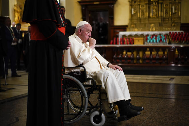 Pope Francis prays near the remains of St. Francis de Laval at the Notre Dame cathedral-basilica in Quebec City, on Thursday, July 28, 2022.