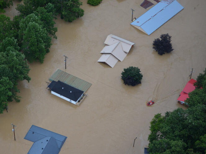 This handout photo taken and provided by the Kentucky National Guard on July 30, 2022, shows an aerial view of the flooded area as Kentucky National Guard Soliders and Airmen aid in flood relief efforts in response to a declared state of emergency in eastern Kentucky.