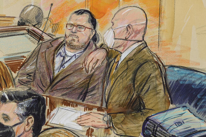 This artist sketch depicts Guy Wesley Reffitt, joined by his lawyer William Welch, right, in Federal Court, in Washington, on February 28, 2022.