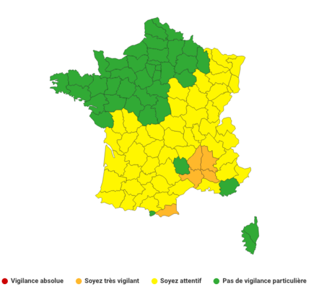 Carte de vigilance canicule émise par Méteo-France le 2 août à 6h, valable jusqu’au 3 août à 6h.