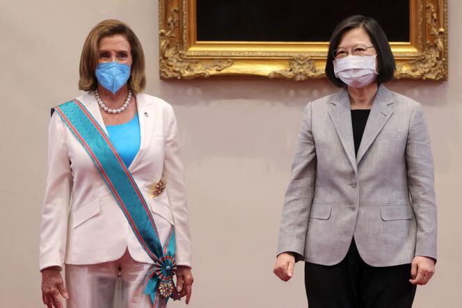 Speaker of the United States House of Representatives Nancy Pelosi (left) with Taiwan President Tsai Ing-wen at the president's office in Taipei on August 3, 2022. 