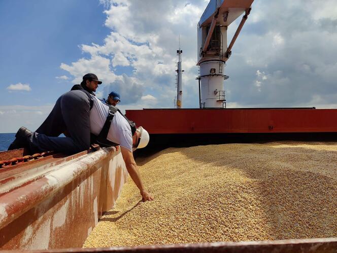 Un miembro de la delegación de inspección revisa el 'Razoni', el carguero que transporta 26.000 toneladas de maíz desde el puerto de Odessa (Ucrania), frente a las costas del noroeste de Estambul, el 3 de agosto de 2022.