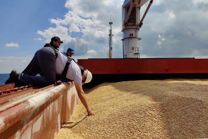 A member of the Turkish and Russian inspection delegation checks the Razoni, the cargo ship carrying 26,000 metric tons of corn from the port of Odesa, Ukraine, off the coast of northwestern Istanbul on August 3, 2022.