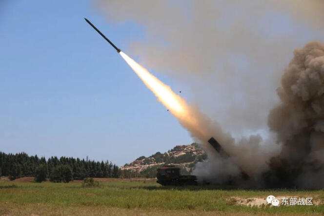 The Ground Force under the Eastern Theatre Command of China's People's Liberation Army conducts a long-range live-fire drill into the Taiwan Strait, from an undisclosed location, on August 4