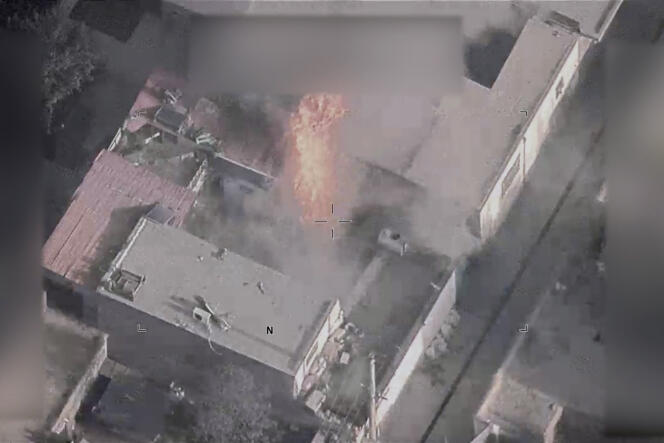 Image from a video shared by the US Department of Defense showing a fire started as a result of a drone strike in Kabul, August 29, 2021