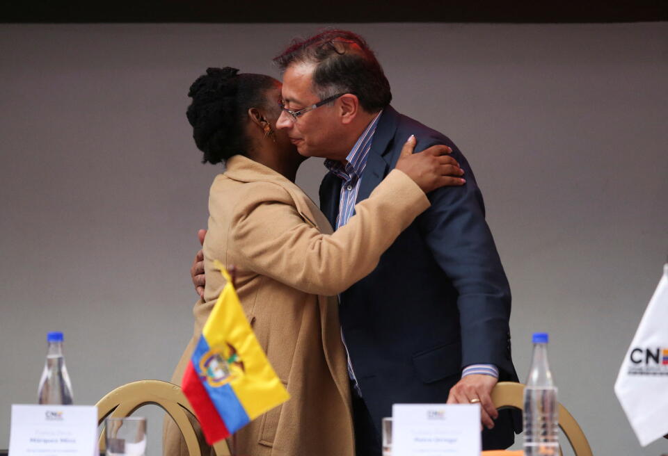 Colombia's President-elect Gustavo Petro and Vice President-elect Francia Marquez embrace after receiving their credentials as elected president and vice president from Colombia's National Electoral Council, in Bogota, Colombia June 23, 2022. REUTERS/Luisa Gonzalez