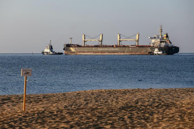 Malta-flagged bulk carrier M/V Rojen vessel, carrying tons of corn, leaves the Ukrainian port of Chornomorsk on August 5, 2022, amid the Russian invasion of Ukraine. 
