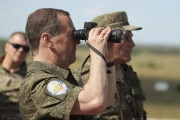 Dmitry Medvedev on a visit to Totsk military garrison in the Orenburg region of Russia on August 5
