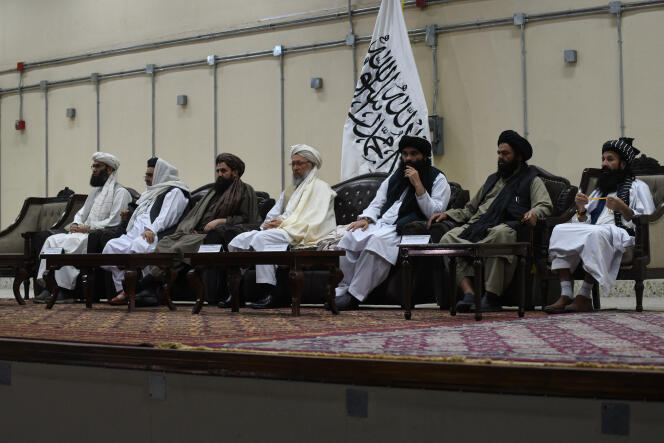 Taliban leaders attend a conference for the reading of the official decree of the Supreme Leader of the Islamic Emirate of Afghanistan on banning the cultivation of poppies and all kinds of narcotics. Kabul, April 3, 2022. 