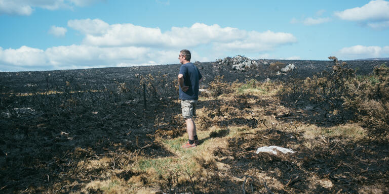 Sylvain le Treust, agriculteur en élevage bovin et équin, observe le paysage transformé suite au récent incendie, à Saint-Rivoal, finistère ( 29 ), le 21 juillet 2022.
