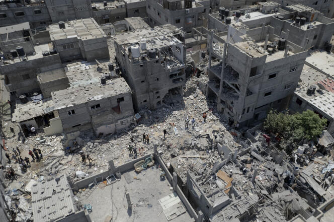 L’immeuble qui abritait un chef militaire du Jihad islamique palestinien, Khaled Mansour, a été détruit par une frappe israélienne à Rafah, le 8 août 2022.