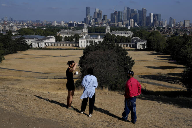 Des randonneurs observent l’herbe sèche et brûlée par le soleil du Greenwich Park, avec en toile de fond la Queens House et les gratte-ciel de Canary Wharf, à Londres, le 9 août 2022. 