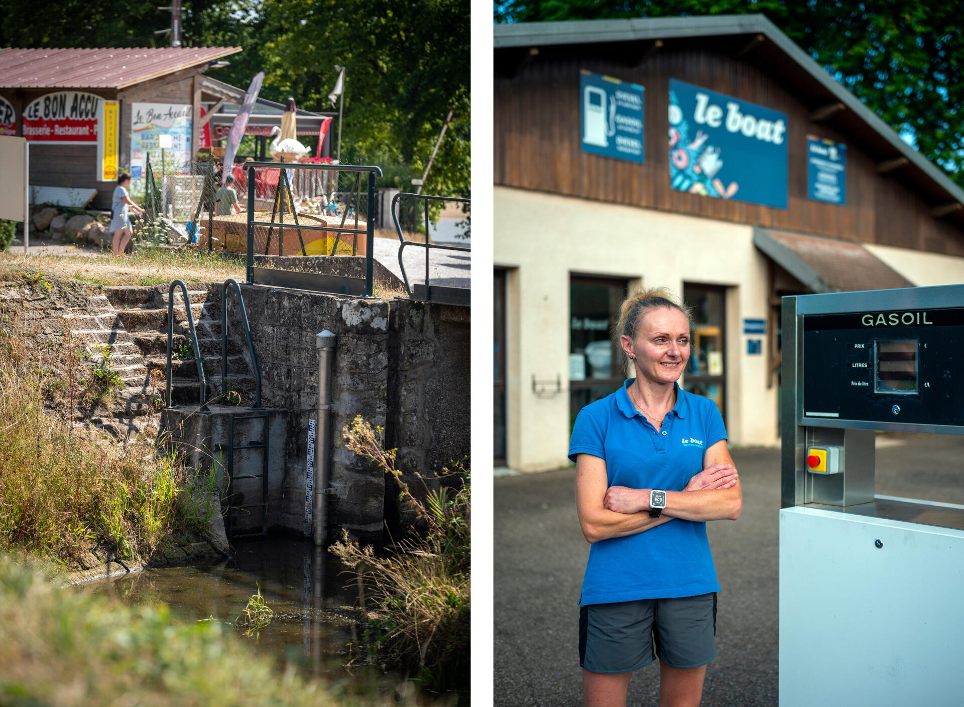 Le niveau du cours d’eau qui alimente le réservoirde Bouzey est très bas, à Chaumousey, le 27 juillet 2022. A droite Frédérique Vauthier dirige Le Boat, une société de location d’une douzaine de bateaux à Fontenoy-le-Château (Vosges).
