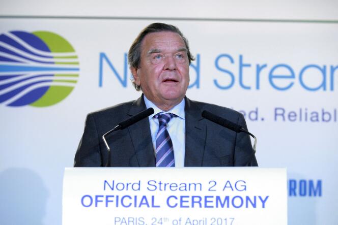 This file photo taken on April 24, 2017, shows former German chancellor Gerhard Schröder, then head of the supervisory board of Gazprom's Nord Stream 2 pipeline project, as he delivers a speech during a signing ceremony for the Nord Stream 2 gas pipeline agreement in Paris.