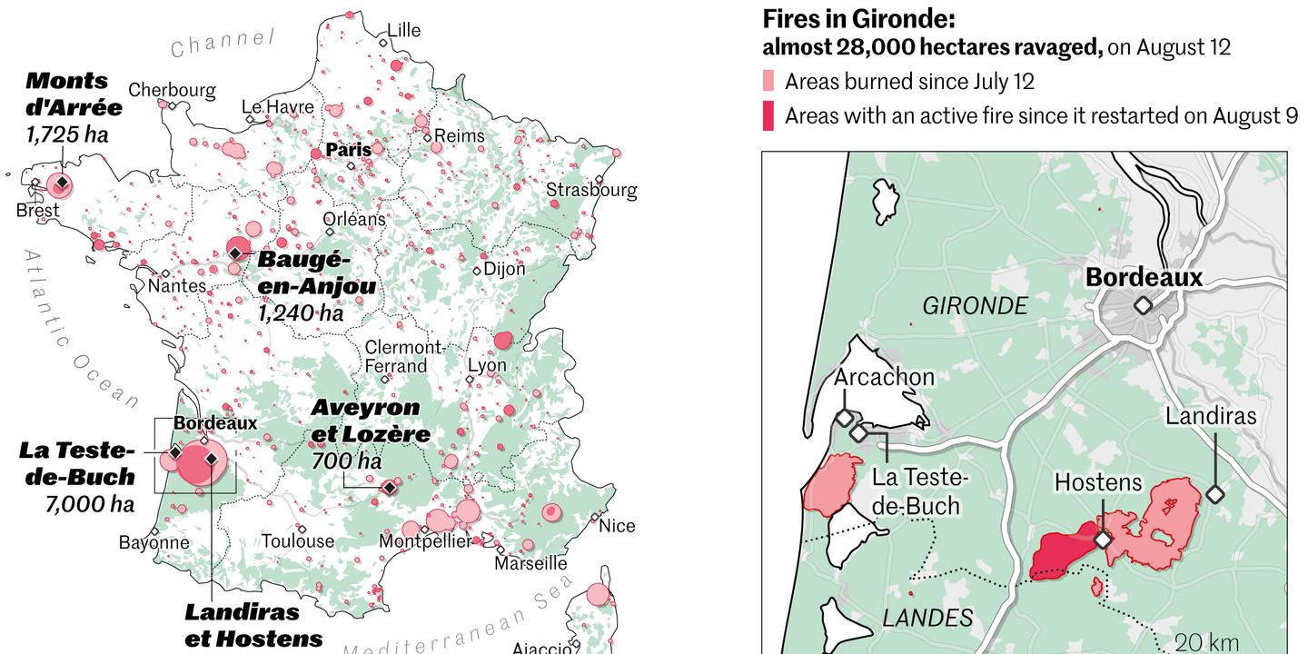 Map of wildfires in France since the start of the summer