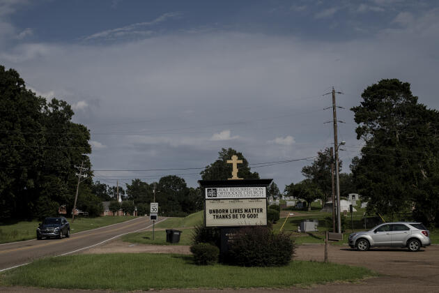 A billboard of one of the churches in suburban Jackson, Mississippi, reads "Unborn Lives Matter," July 14, 2022.
