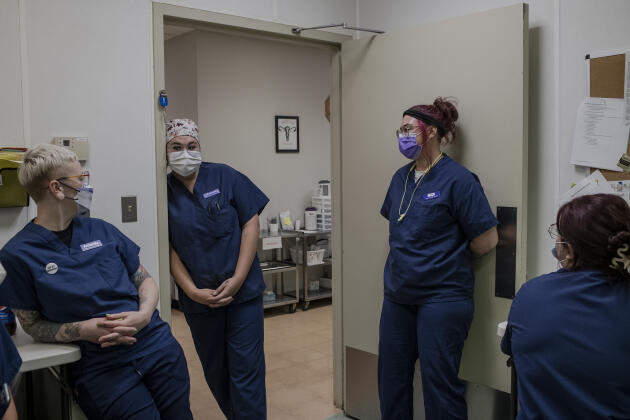 Madi Petrosky, 26, (second from right) with her co-workers at the Hope Clinic for Women in Granite City, Illinois, where she works as a physician assistant, on July 19, 2022. She had an abortion at the clinic when she was 13. Her boyfriend told the school what had happened. She was threatened and called a murderer. She then had a daughter at 16 and worked in childcare before coming to work at the clinic.