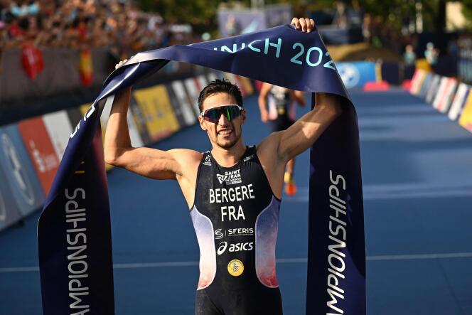 Léo Bergère at the finish of the triathlon on Saturday August 13 in Munich.