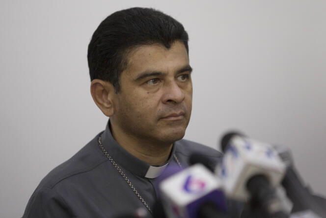 Rolando Alvarez, bishop of Matagalpa, attends a press conference regarding the Roman Catholic Church's agreeing to act as 