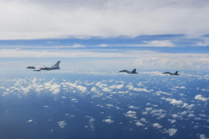 Chinese People's Liberation Army aircraft during a combat training exercise around the island of Taiwan on August 7