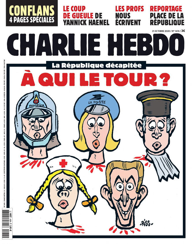 La « une » de « Charlie Hebdo » parue le 21 octobre 2020 à la suite de l’assassinat du professeur d’histoire Samuel Paty.