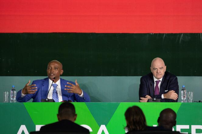 Confederation of African Football (CAF) President Patrice Motsepe (left) and FIFA President Gianni Infantino (right) during the announcement of the African Super League, in Arusha, Tanzania, on August 10, 2022.