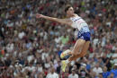 Jules Pommery, of France, makes an attempt in the Men's long jump final during the athletics competition in the Olympic Stadium at the European Championships in Munich, Germany, Tuesday, Aug. 16, 2022. (AP Photo/Matthias Schrader)