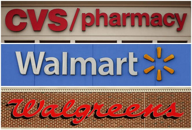 Un montage photo des trois enseignes américaines, Walmart, Walgreens et CVS, condamnées dans l’Ohio pour avoir distribué des opiacés, responsables de la mort de milliers de personnes. 