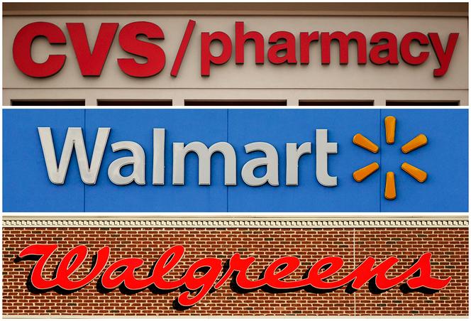 A photo montage of the three American retailers, Walmart, Walgreens and CVS, condemned in Ohio for having distributed opiates, responsible for the death of thousands of people. 