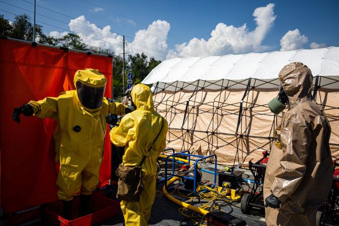 A la centrale de Zaporijia, dans le sud de l’Ukraine, des exercices de premiers secours en cas d’accident nucléaire, le 17 août 2022. 