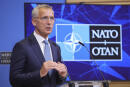 NATO Secretary General Jens Stoltenberg addresses a media conference after a meeting with Kosovo's Prime Minister Albin Kurti at NATO headquarters in Brussels, Wednesday, Aug. 17, 2022. (AP Photo/Olivier Matthys)