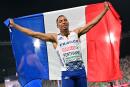 France's Jean-Marc Pontvianne celebrates winning the bronze in the men's Triple Jump final during the European Athletics Championships at the Olympic Stadium in Munich, southern Germany on August 17, 2022. (Photo by ANDREJ ISAKOVIC / AFP)