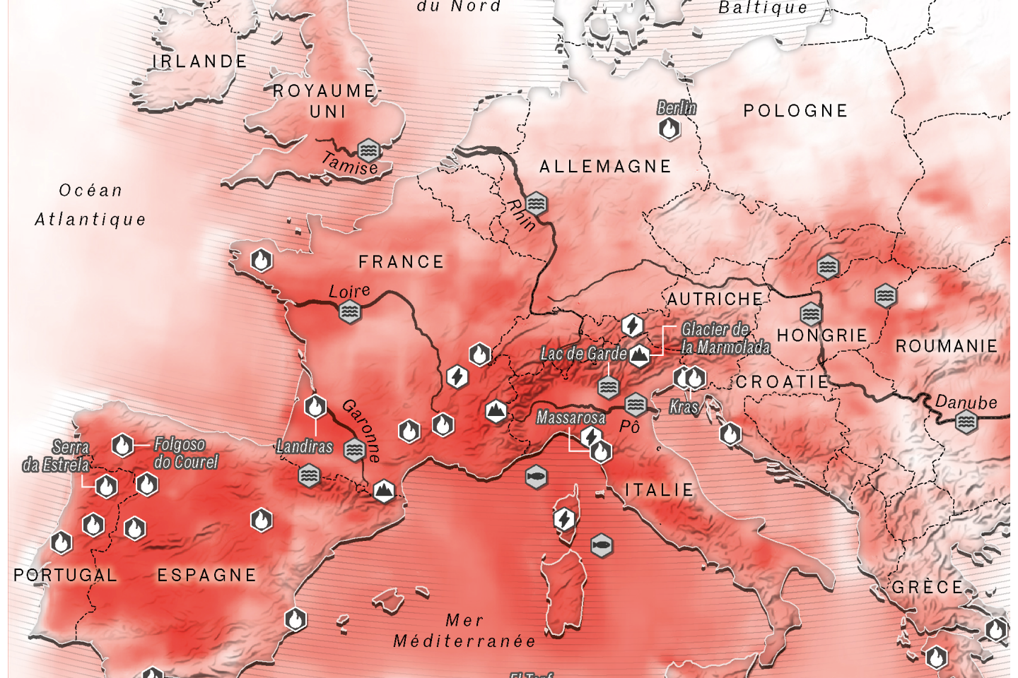 Kaart met extreme temperaturen en weersomstandigheden deze zomer in Europa