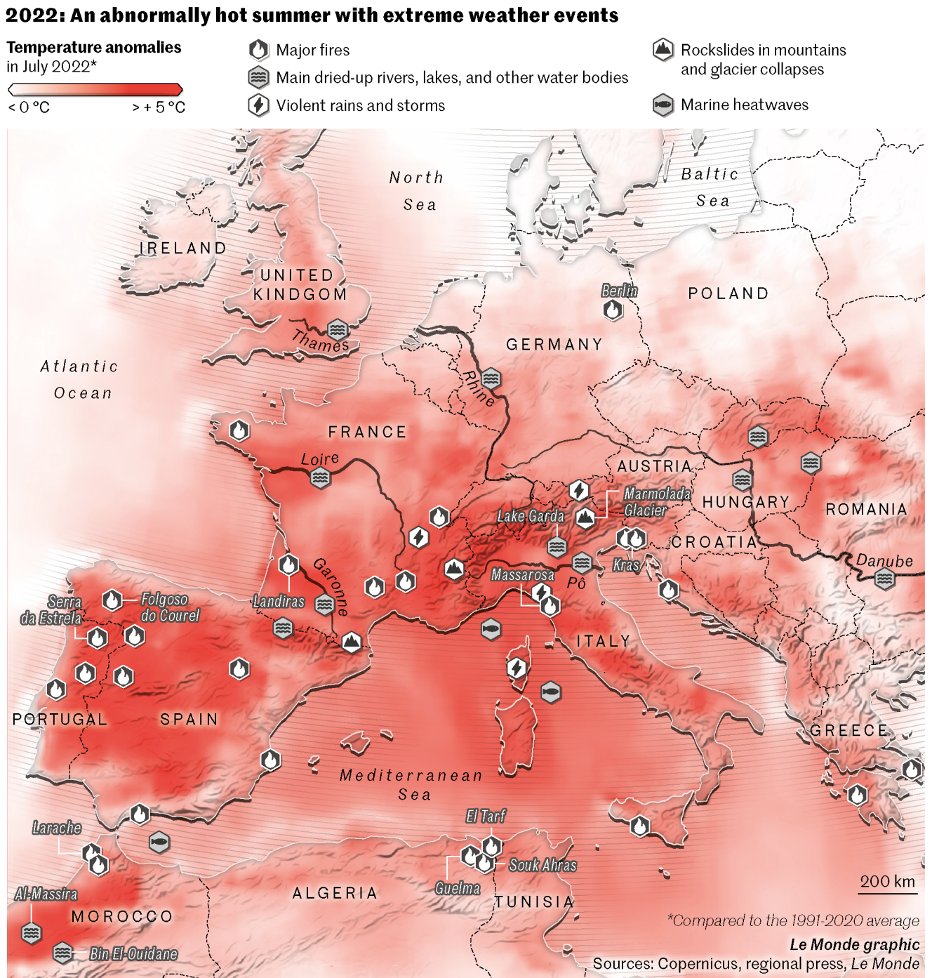 Map of Europe and the Mediterranean's summer 2022 temperatures and