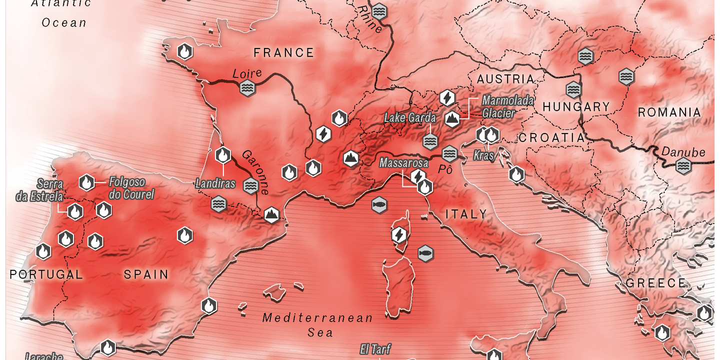 Map of Europe and the Mediterranean's summer 2022 temperatures and