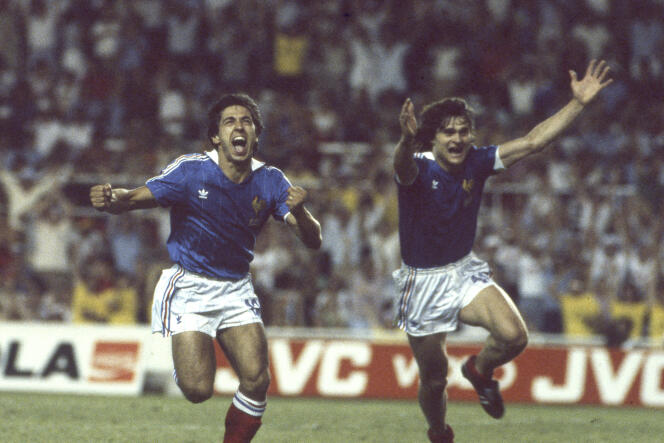 Alain Giresse and Didier Six, of the French football team, during the semi-final Germany-France, in 1982, in Spain.