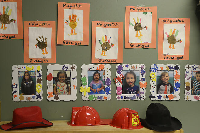 In a Native American kindergarten where children learn the Anishinaabe language.  In Michigan, in 2014.