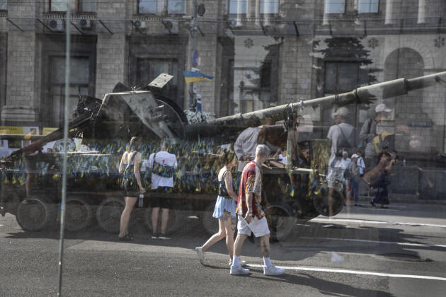 About 70 Russian military vehicles captured by the Ukrainian army are displayed on Khreschatyk Avenue, one of the main thoroughfares in Kyiv, on August 23, 2022.