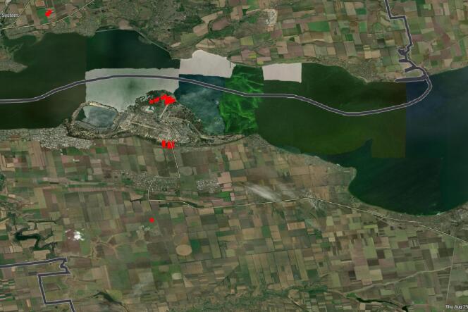 NASA satellite images showing the fires, in red, around the Zaporizhia power plant, Thursday, August 25, 2022.