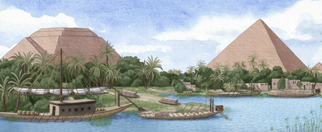 Een artist impression die de nu verdwenen arm van de Nijl voorstelt die de voeten van de piramides van Gizeh onder water zette op het moment van hun constructie. 