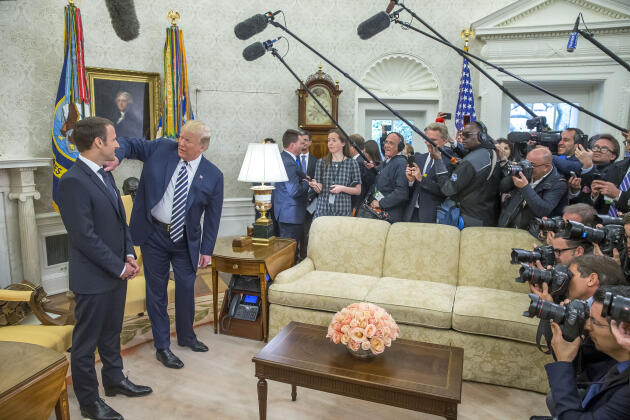 At the White House in Washington, April 24, 2018. Emmanuel Macron, President of the French Republic, on a state trip to the United States, and Donald Trump, President of the United States, speak to the press before an interview in the Oval desk.